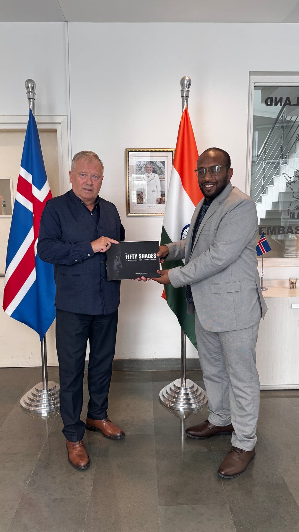 Abduselam Ademnur presenting his book during an Icelandic diplomatic visit