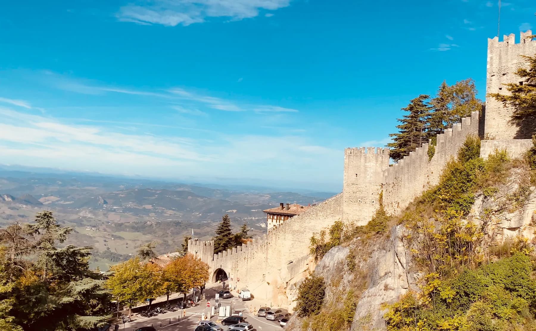 San Marino's stone fortress overlooking the mountain landscape